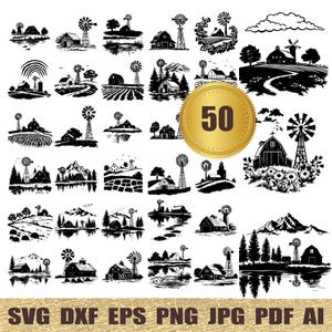 May include: A set of 50 black and white SVG cut files featuring farm scenes with barns, windmills, and other rural elements. The files are perfect for crafting projects, such as vinyl decals, greeting cards, and scrapbooking.