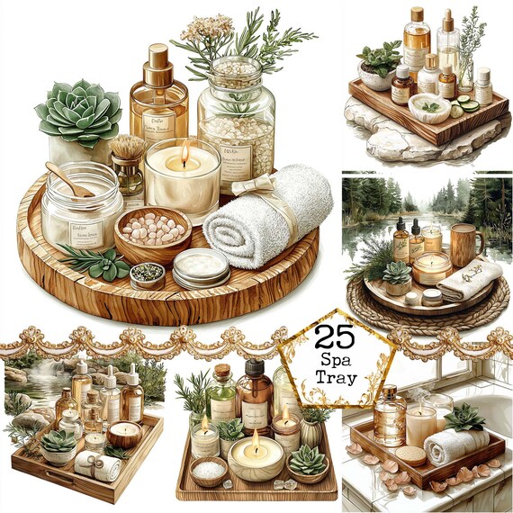 JPEG Watercolor Spa Tray Clipart Bundle Watercolor Spa Watercolor Cosmetic Commercial Instant Download Paper Craft Junk Journal Scrapbooking