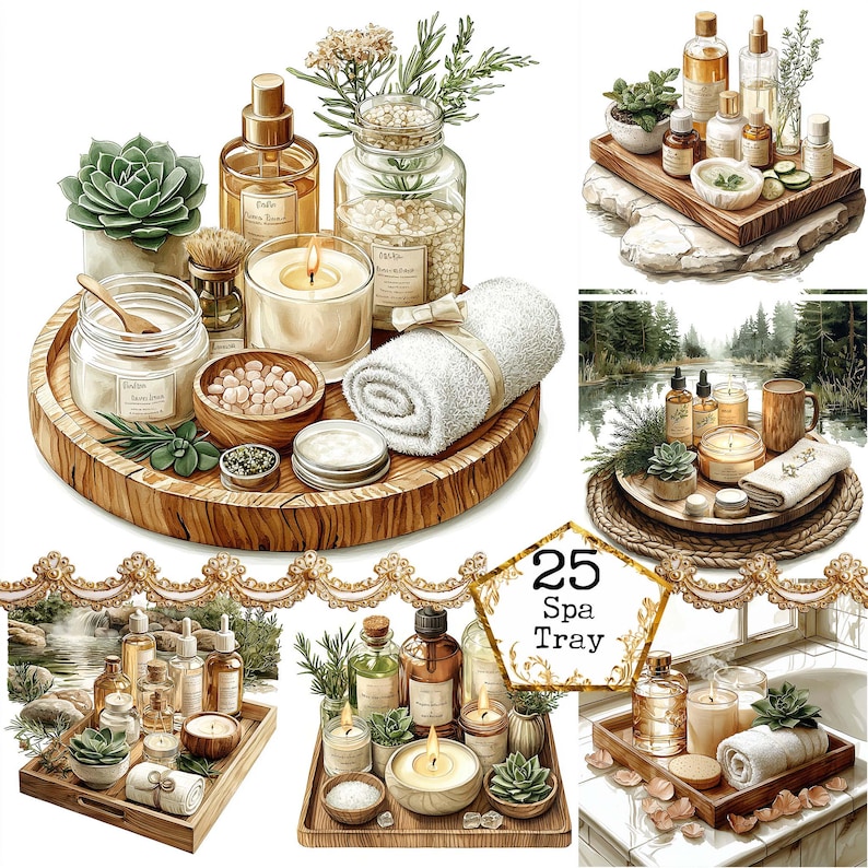 May include: Four different spa tray arrangements with candles, essential oils, towels, and greenery. The trays are made of wood and have a rustic look. The text "25 Spa Tray" is visible in the center of the image.