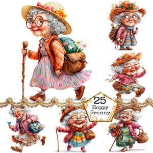 JPEG Acquerello Divertente Primavera Nonna Clipart Bundle Nonna Attiva Anziana Signora Arte Download Istantaneo Carta Artigianato Junk Journal Scrapbooking