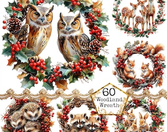 May include: Set of six digital illustrations of woodland creatures in wreaths. Each wreath is decorated with holly, berries, and pine cones. The animals include owls, deer, squirrels, hedgehogs, raccoons, and rabbits.