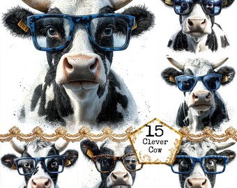 JPEG Funny Cow wearing Glasses Clipart Bundle Cool Cow Farm Animal Commercial Use Instant Download Paper Crafts Junk Journal Scrapbooking