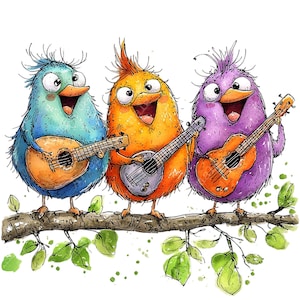 three colorful birds playing guitars on a branch
