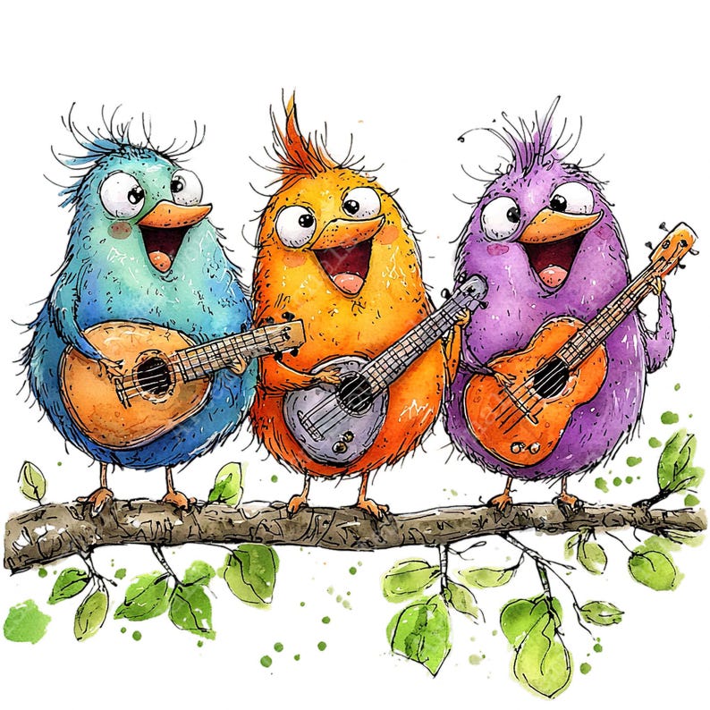 three colorful birds playing guitars on a branch