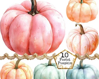 PNG Watercolor Pastel Pumpkins Clipart Bundle Autumn Pumpkins Fall Clipart Commercial Instant Download Paper Craft Junk Journal Scrapbooking