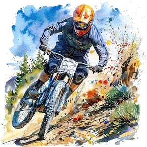 May include: A watercolor painting of a person riding a mountain bike downhill. The person is wearing a helmet and a blue and black jersey. The bike is blue and black with a white and red design. The background is a watercolor wash of blue, green, and brown.