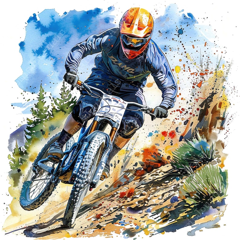 May include: A watercolor painting of a person riding a mountain bike downhill. The person is wearing a helmet and a blue and black jersey. The bike is blue and black with a white and red design. The background is a watercolor wash of blue, green, and brown.