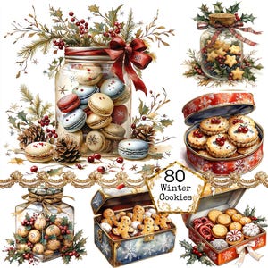 Paquete de imágenes prediseñadas de golosinas navideñas en caja vintage, pastel, galleta, muérdago, caja de galletas, regalo, elementos navideños, diario basura, álbum de recortes