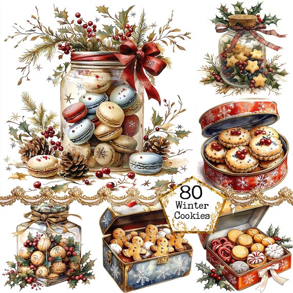 JPEG Christmas Treats in a Vintage Box Clipart Bundle Pie Cookie Mistletoe Cookie Box Gift Christmas Elements Junk Journal Scrapbooking