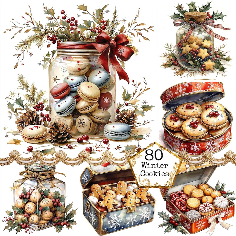 May include: A collection of four jars filled with various Christmas cookies. The jars are decorated with red and white ribbons and holly. The cookies include gingerbread men, macarons, and star-shaped cookies. The text "80 Winter Cookies" is displayed on a gold background.