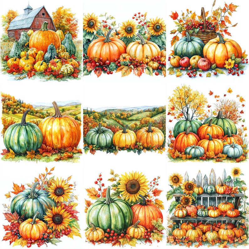 PNG Harvest Pumpkins Clipart Bundle Autumn Pumpkin Display Fall Clipart ...