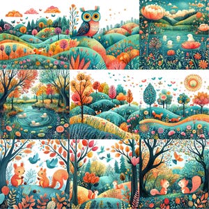 a painting of a forest filled with animals and trees
