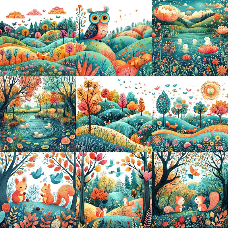 a painting of a forest filled with animals and trees