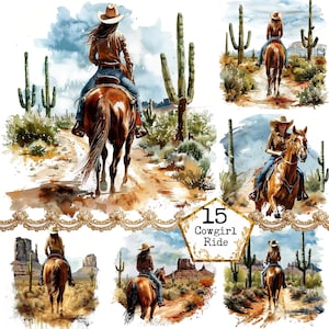 JPEG Cowgirl Riding through Cactus Landscape, Clipart Bundle JPEG Instant Download, Scrapbook, Junk Journal, Paper Crafts, Commercial Use