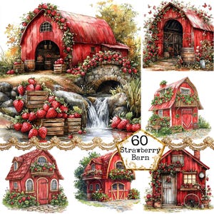 Pacote de clipart de celeiro de morango vermelho aquarela JPEG Cottagecore Farms Clipart Download instantâneo Papel Artesanato Junk Journal Scrapbooking