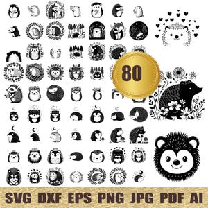 80 hérisson lunatique svg, dxf, eps, ai, pdf, jpg, png Hérisson Bundle Svg hérisson coupe fichiers pour Cricut hérisson mignon Svg dessin animé hérisson