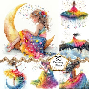 JPG Whimsical Girl Clipart Bundle Quirky Girl Stellar Girl Moon Girls Starry Clipart Download immediato Paper Craft Junk Journal Scrapbooking