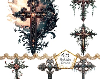 May include: A set of 45 gothic cross designs. The crosses are intricate and detailed, with a variety of styles and embellishments. Some crosses feature a moon and stars, while others are adorned with ivy and flowers.