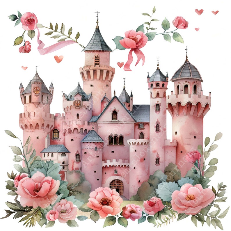 JPEG Watercolor Princess Castle Clipart Bundle Jpeg Labels Pink ...