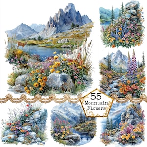 JPEG Aquarell Frühling Berg Blumen Clipart Bundle Frühling Landschaft Bilder Sofortiger Download Papier Handwerk Junk Journal Scrapbooking