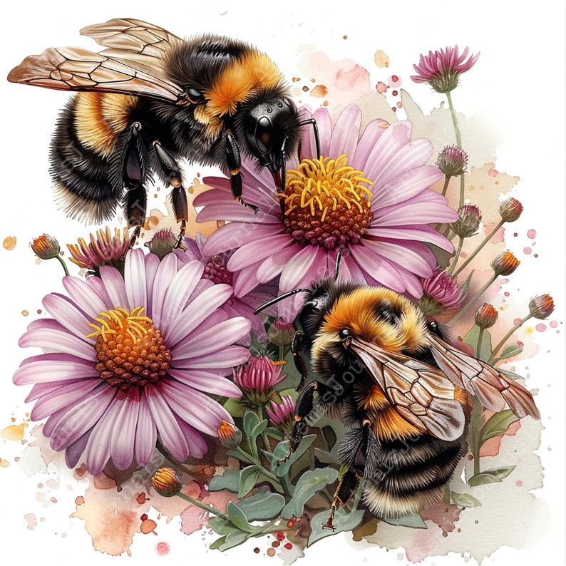 K&ouml;nnte beinhalten: Zwei Hummeln mit schwarzen und gelben Streifen sitzen auf rosa und violetten Bl&uuml;ten mit gelben Zentren. Die Bl&uuml;ten haben viele Bl&uuml;tenbl&auml;tter und sind von gr&uuml;nen Bl&auml;ttern umgeben. Der Hintergrund ist ein Aquarell in Rosa und Wei&szlig;.