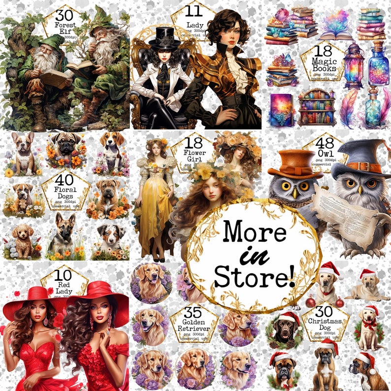 K&ouml;nnte beinhalten: Eine Collage aus digitalen Illustrationen mit verschiedenen Charakteren und Tieren. Die Bilder zeigen einen Waldelf, eine Dame mit Zylinder, ein Blumenm&auml;dchen, eine Eule, einen Golden Retriever, eine rothaarige Dame und einen Weihnachtshund. Die Bilder sind alle vor einem wei&szlig;en Hintergrund platziert und haben einen verspielten, m&auml;rchenhaften Charakter.