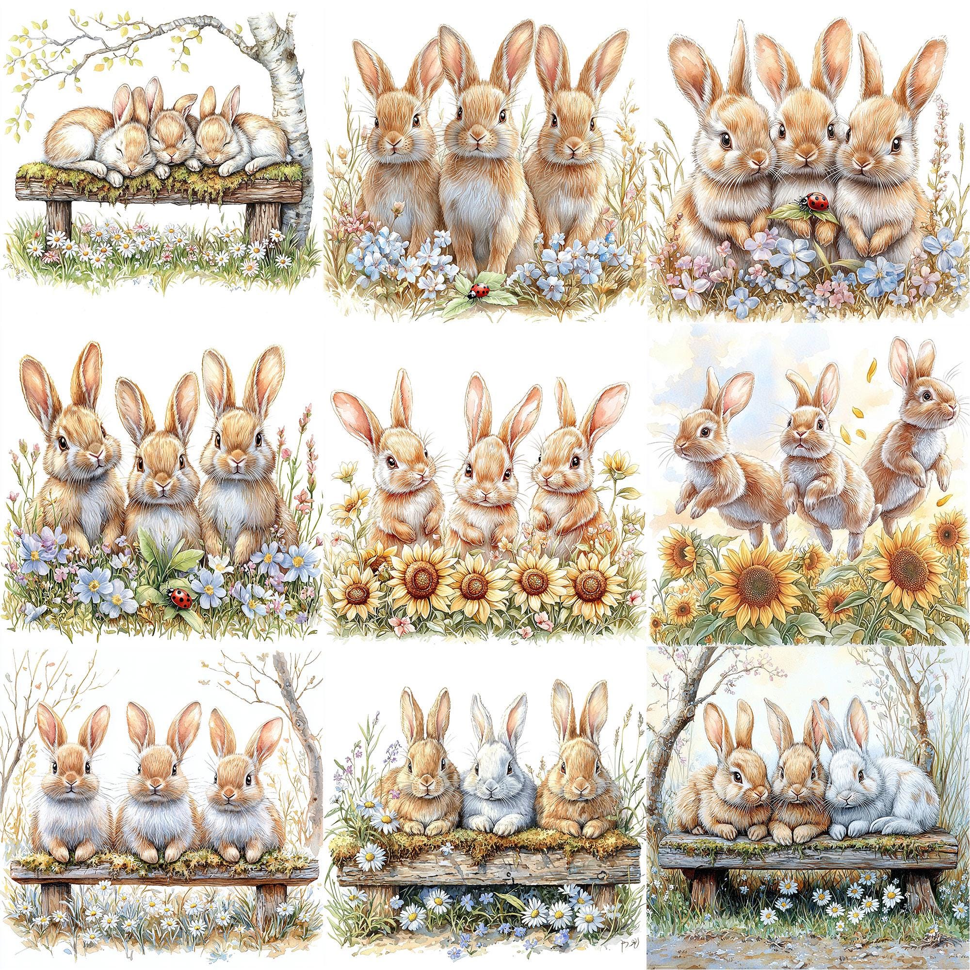 JPEG Watercolor Spring Bunnies Clipart Bundle Floral Rabbits Clipart ...