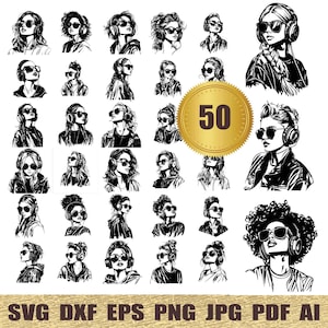 50 Girl with Headphones svg, dxf, eps, ai, pdf, jpg, png, Girl Wearing Headphones Music Listener Printable Clip Art Cut File Urban Girl SVG