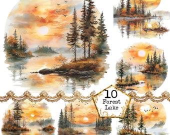 JPG Watercolor Lake Sunset JPEG Nature Clipart Landscape Clipart Watercolor Landscape Instant Download Paper Craft Junk Journal Scrapbooking