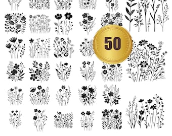 50 Wild Flowers svg, dxf, eps, ai, pdf, jpg, png Flowers Bundle SVG, Wildflower SVG, Floral Svg, Grass Svg Tree Svg Files Flower Cricut