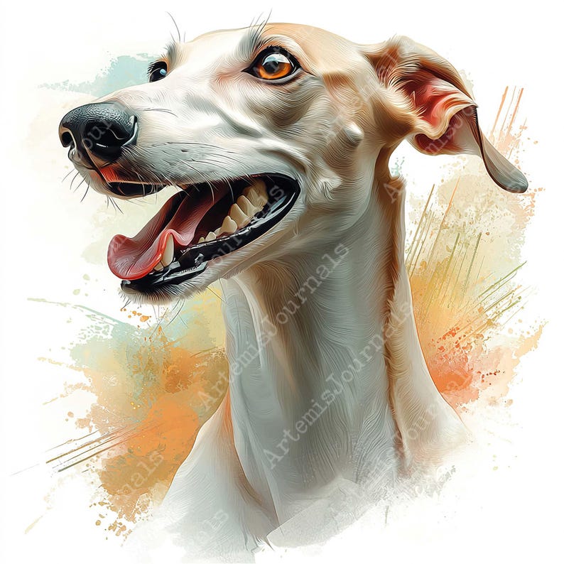 May include: A close-up portrait of a white dog with brown eyes. The dog has its mouth open and tongue sticking out, giving the impression of a happy and playful expression. The background is a soft watercolor wash of orange, yellow, and blue.