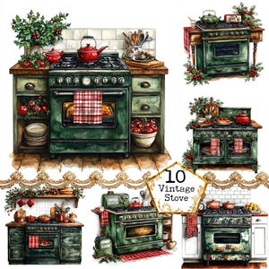 JPEG Acquerello Vintage Christmas Stove Clipart Bundle Uso commerciale Retro Cucina Download immediato Artigianato di carta Diario spazzatura Scrapbooking