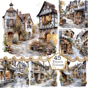 Pacchetto di clipart di case di villaggio francese dell'acquerello JPEG Village House uso commerciale Download immediato artigianato di carta Junk Journal Scrapbooking