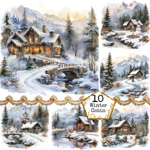 May include: A collage of ten winter cabin scenes. Each scene features a cozy cabin nestled in a snowy landscape with pine trees and a stream. The cabins are decorated with lights and snow-covered roofs. The collage is framed with a gold lace border and the text "10 Winter Cabin" is displayed in a gold frame.