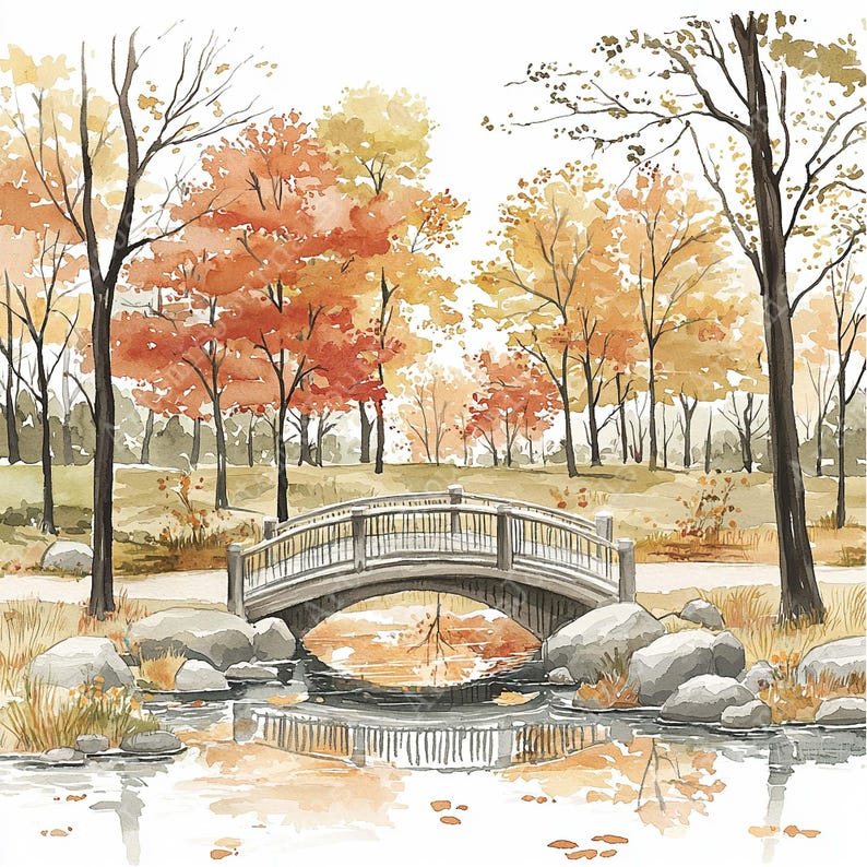 a painting of a bridge over a river