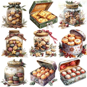 May include: Nine different jars and boxes filled with various cookies and pastries. The jars are clear glass with a variety of lids and decorations. The boxes are made of metal and wood with different designs. The cookies and pastries are a variety of shapes and sizes, including round, square, and star-shaped. The cookies are decorated with sprinkles, icing, and other toppings.
