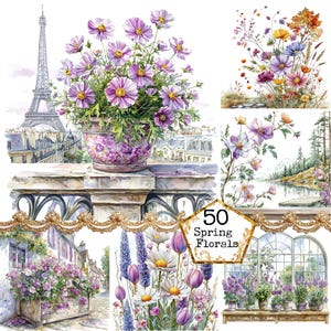 JPEG Watercolor Spring Floral Scenes Clipart Bundle Spring Graphics Spring Flower Instant Download Paper Crafts Junk Journal Scrapbooking