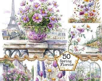 JPEG Aquarell Frühling Blumenszenen Clipart Bundle Frühling Grafiken Frühlingsblume Sofortiger Download Papier Handwerk Junk Journal Scrapbooking