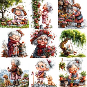JPEG Watercolor Spring Granny Clipart Bundle Funny Elderly Lady Cute ...