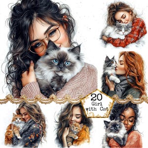 JPEG fille et chat amis Clipart belle fille et son chat amitié Clipart Téléchargement instantané papier artisanat indésirable journal Scrapbooking