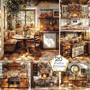 Paquete de imágenes prediseñadas de cocina de madera rústica estilo shabby chic en formato JPEG, archivos JPG de acuarela de alta calidad, descarga instantánea, manualidades con papel, diario basura, álbumes de recortes