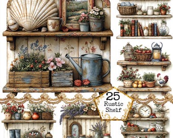 JPEG Watercolor Rustic Garden Shelf Clipart Bundle Commercial Use Garden Tools Instant Download Paper Crafts Junk Journal Scrapbooking