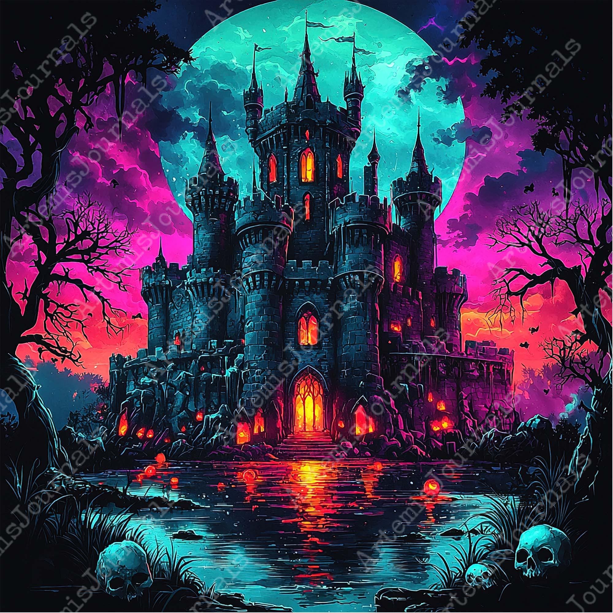 JPEG Electric Vibrant Haunted Castle Illustration Halloween Art