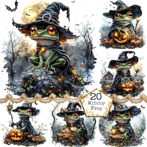 JPEG Bundle de cliparts grenouille sorcière des cliparts d'Halloween des cliparts de sorcière à usage commercial Téléchargement instantané Artisanat en papier Journal indésirable Scrapbooking
