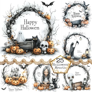 JPEG Aquarell Herbst Kürbis Gothic Kranz Clipart Herbstkranz Kommerzielle Nutzung Instant Download Papier Handwerk Junk Journal Scrapbooking