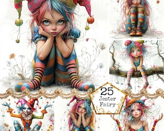 JPEG Cute Whimsical Jester Girl Clipart Bundle Fashion Girl Clown Woman Clipart Instant Download Paper Crafts Junk Journal Scrapbooking