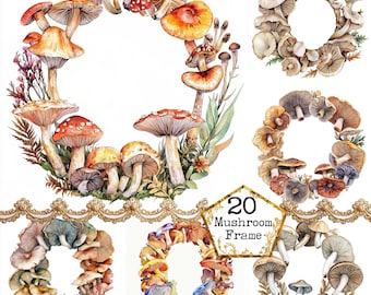 Paquete de imágenes prediseñadas de marco de hongo mágico de acuarela JPEG Imágenes prediseñadas de hongos Borde de hongo Descarga instantánea Manualidades de papel Diario basura Scrapbooking
