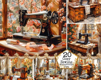 JPG Jesienne okno i maszyna do szycia Clipart Bundle JPEG Komercyjne tła do pobrania natychmiastowe rzemiosło papierowe dziennik śmieciowy scrapbooking