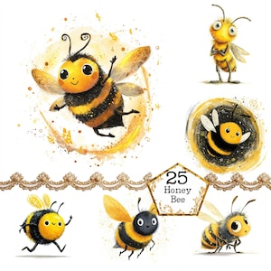 Può includere: Illustrazioni di api dei cartoni animati in giallo e nero, con grandi occhi ed espressioni. Alcune api volano, altre sono in piedi o corrono. L'immagine include il testo "25 Honey Bee" all'interno di una cornice decorativa.