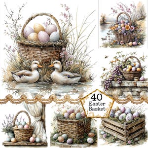 JPEG Akwarela Pastelowe Wielkanocne Jajka Clipart Pakiet Jajka Drewniany Kosz Rustykalne Jajka Koszyk Natychmiastowe Pobieranie Papierowe Rzemiosło Dziennik Śmieci Scrapbooking
